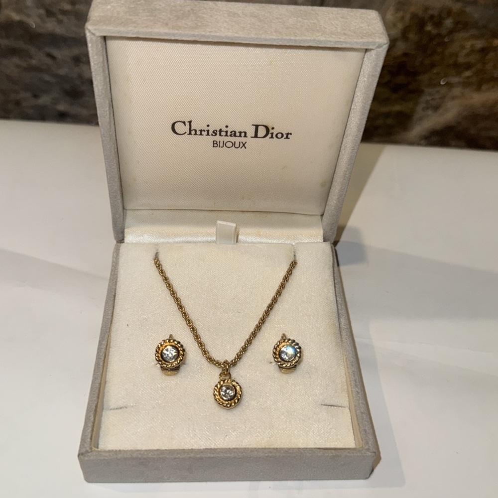 Christian Dior Gold tone Necklace and Earrings clip on box included Authentic